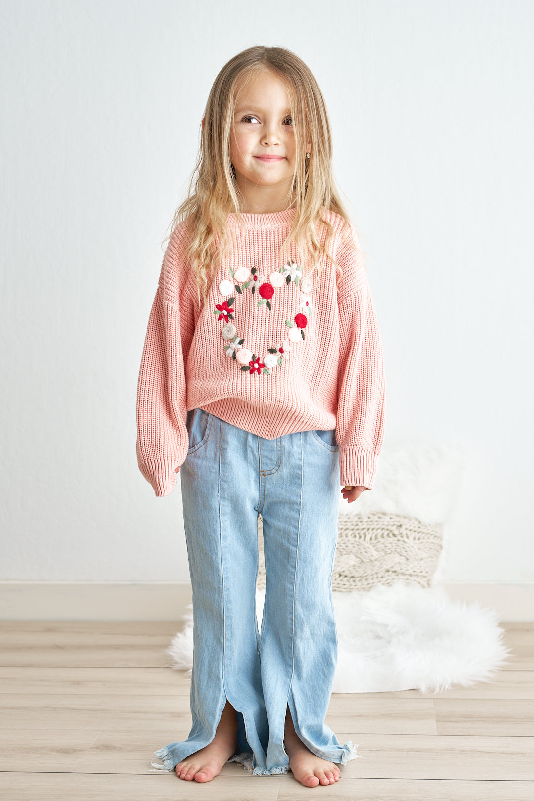 Pink heart floral hand-embroidered oversized sweater