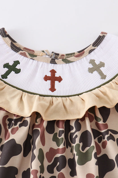 Camouflage easter cross embroidery smocked girl set