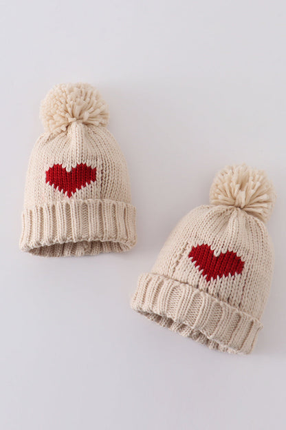 Cream heart knit beanie pom pom hat