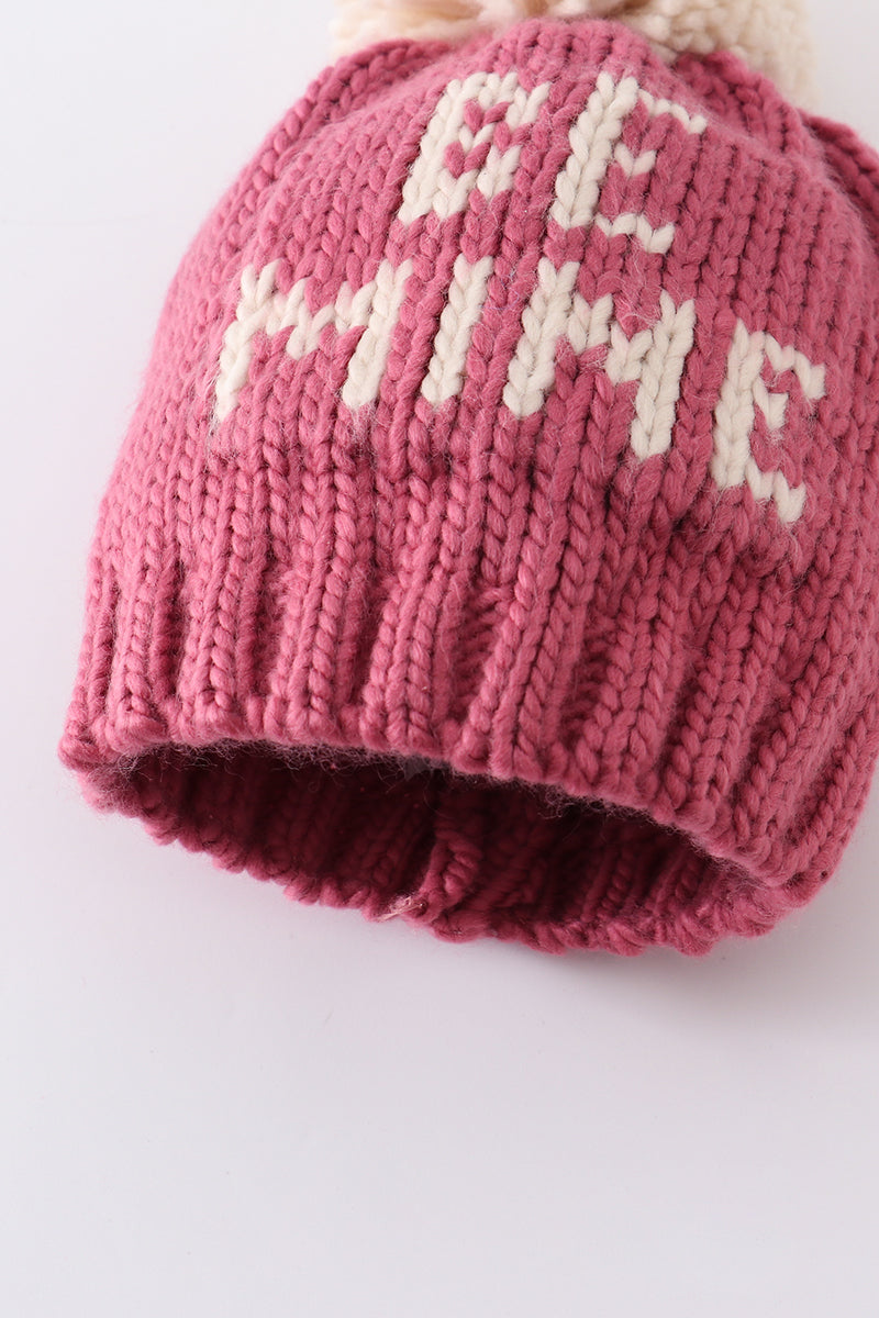 Pink BE MINE knit beanie pom pom hat