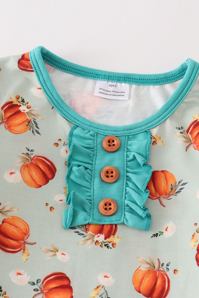 Green pumpkin print girl pajama set
