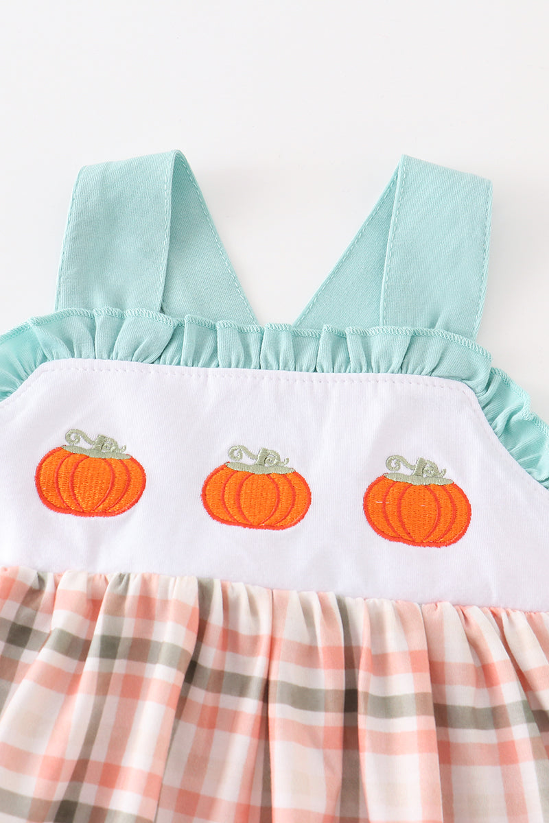 Plaid pumpkin embroidery strap dress