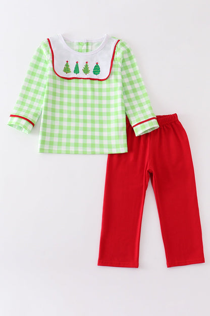 Green plaid christmas tree embroidery boy set