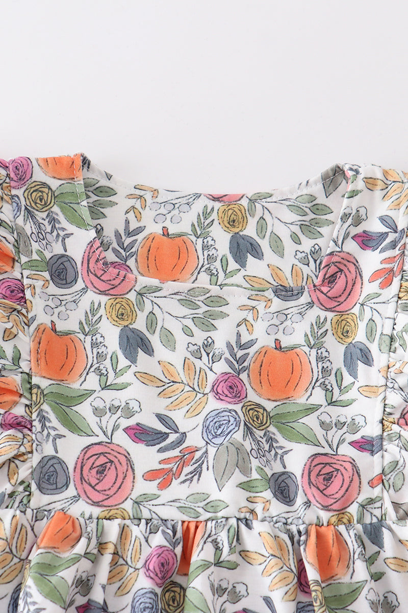 Pumpkin floral print ruffle girl set