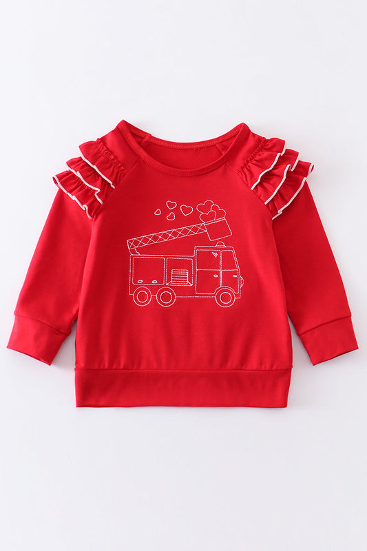 Red valentine's day truck embroidery ruffle girl top
