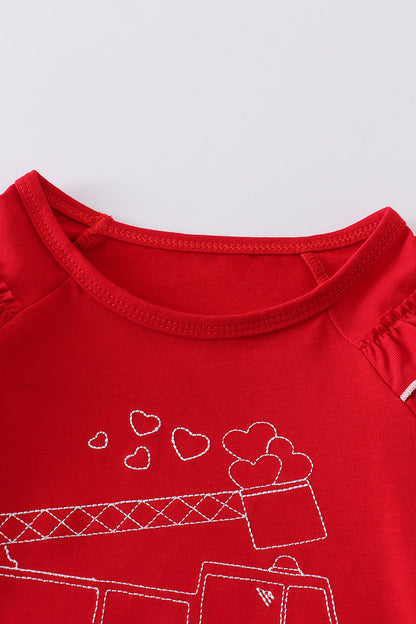 Red valentine's day truck embroidery ruffle girl top