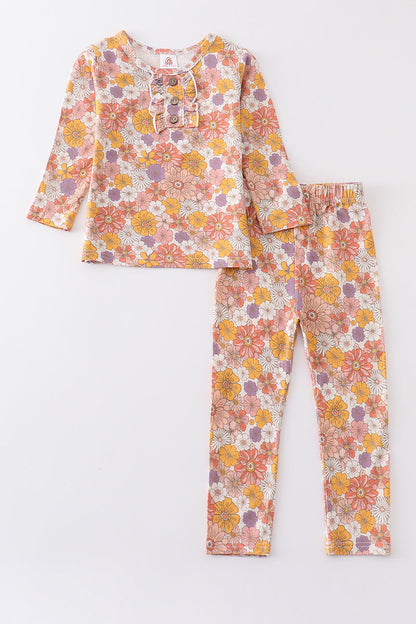 Retro pink floral print bamboo pajamas set