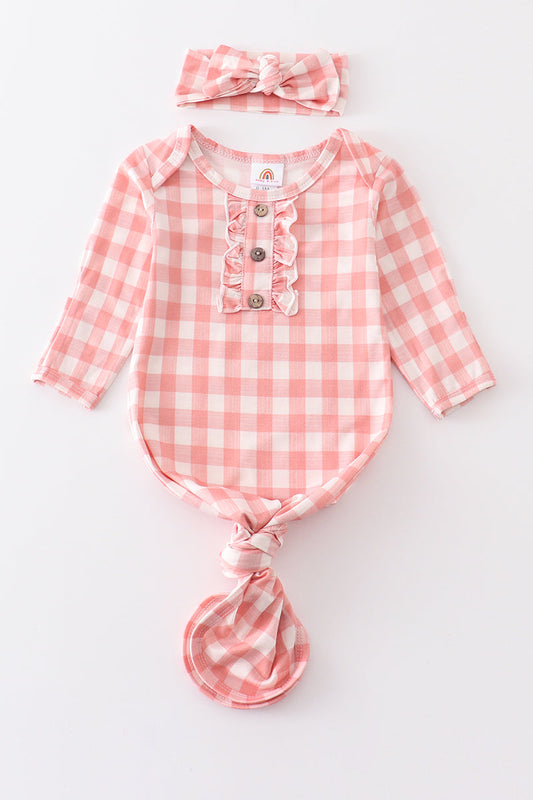 Pink plaid hairband bamboo baby gown