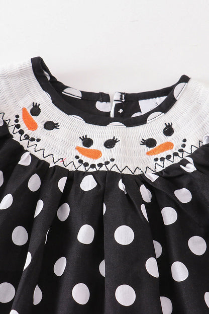 Black white dot snowman smocked dress