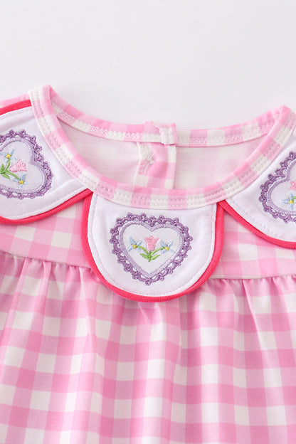 Pink valentine's day plaid embroidery girl romper