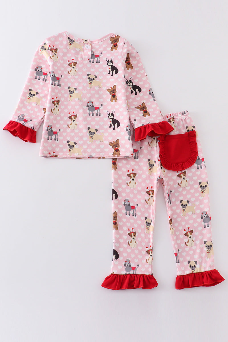 Pink valentine's day dog print pajamas set