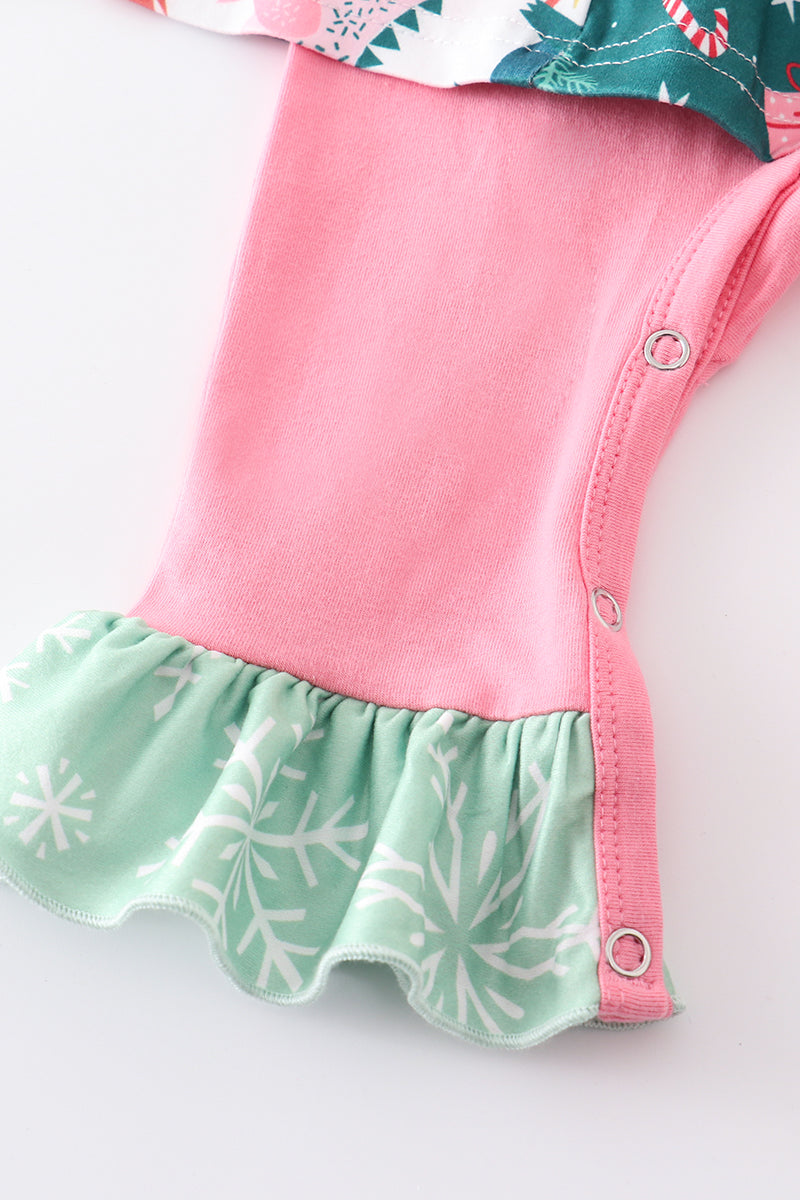 Green floral print ruffle baby romper