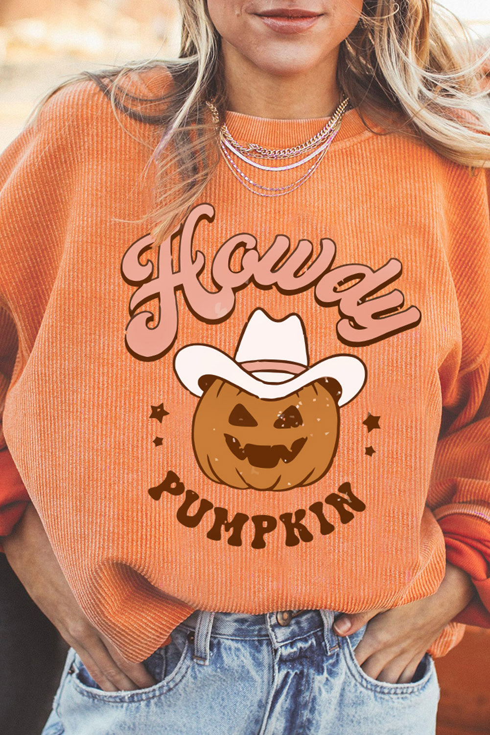 HOWDY Pumpkin Graphic Ribbed Sweatshirt